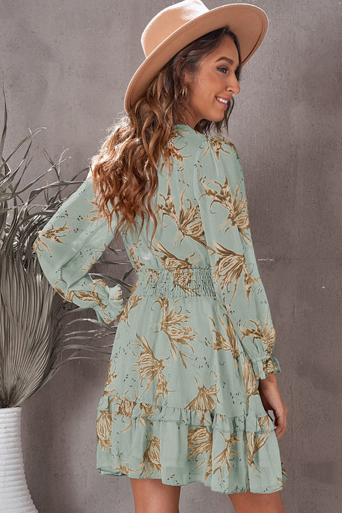 Lantern Sleeve Deep V Neck Knotted Tiered Mini Dress